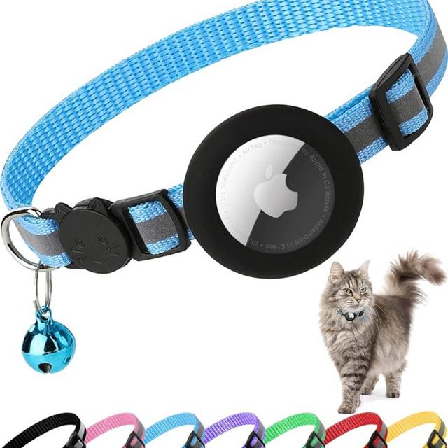 Dgerp Airtag Cat Collar Breakaway, Reflective Kitten Collar with Apple Air Tag Holder and Bell for Girl Boy Cats, 0.4 Inches in Width and Lightweight (Blue)