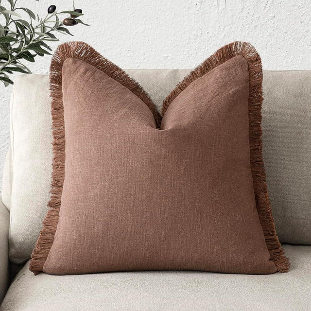 Foindtower Decorative Linen Fringe Throw Pillow Covers Cozy Boho Farmhouse Cushion Cover with Tassels Soft Accent Pillowcase for Chair Sofa Bed Living Room Home Decor, 16×16 Inch, 1PC, Rust