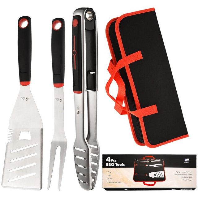 CuCut BBQ Tools Set, 4 PCS Heavy Duty Stainless Steel Spatula, Fork, Tongs with Portable Bag, Essential Accessories for Barbecue Outdoor Grill, Grilling Gifts for Men Dad Camp Chef