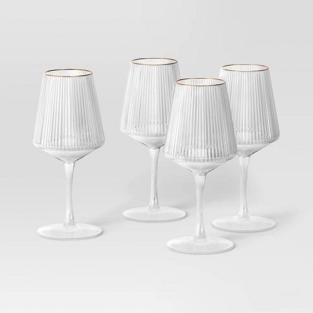 16.9oz 4pk Ribbed Stemmed Wine Glasses Gold - Threshold™