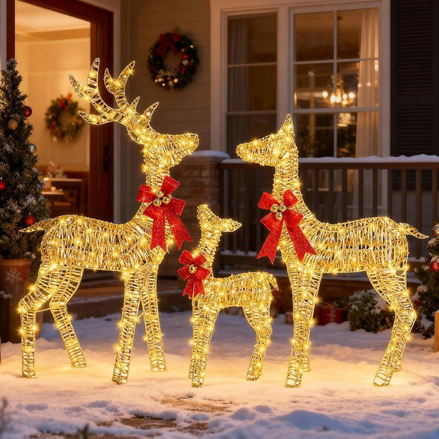 Ultym 3 Piece Large Pre-Lit Christmas Deer Family Set, 54in Lighted Deer Outdoor Yard Decorations, 3D Holiday Reindeer Decor with 350 Warm White Lights & Ground Stakes for Patio Lawn Garden