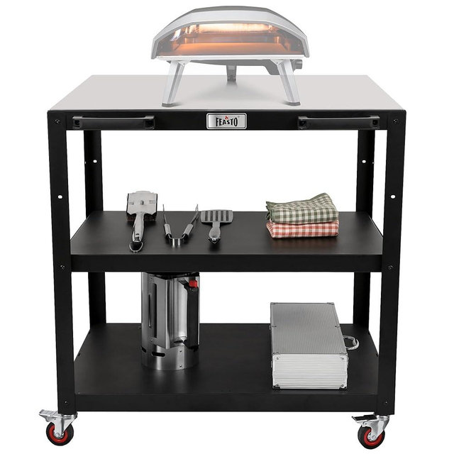 Feasto Large Movable Pizza Oven Table for Outdoor, 36''x 24'' Tabletop Stainless Steel Grill Cart with Wheels, 3-Shelf Outdoor Kitchen Prep Table Pizza Oven Stand on Wheels for Ooni 16, Blackstone