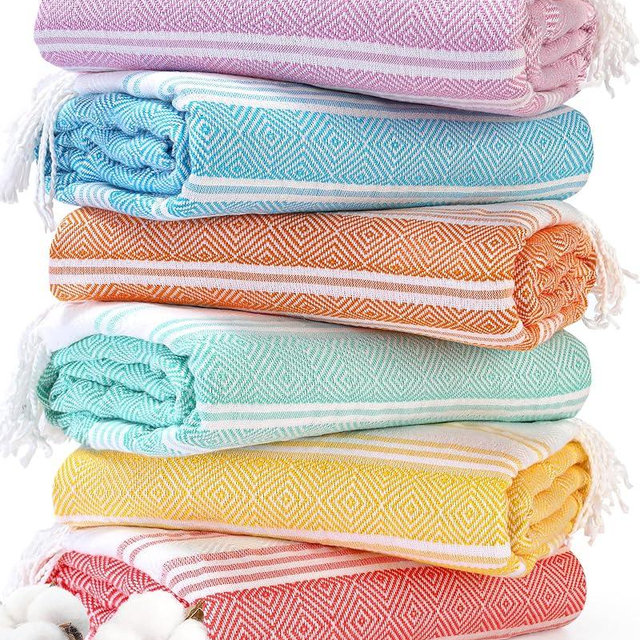 Genovega 6 Oversized Turkish Beach Bath Towel Set Bulk 74"x38" Extra Large Sand Free Quick Dry Swimming Camping Pool Clearance Towels Blanket Essentials Adult Multi LightBlue Rhombus