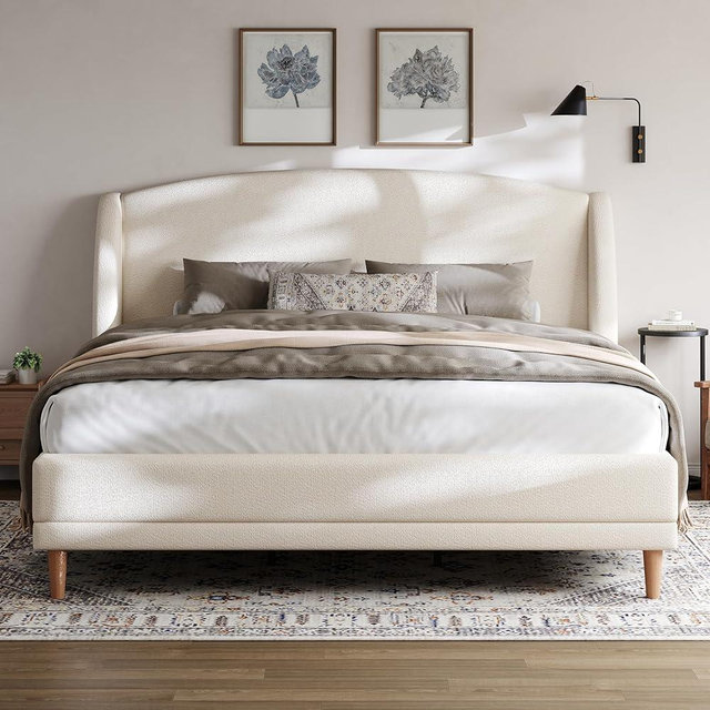 Christopher Knight Home Hazel King Size Bed Frame, Upholstered Platform Bed, Soft Boucle Wingback Headboard, Wood Bed Support and Slats, Curved-Shaped Headboard King Beds for Adult, 45.60" H White