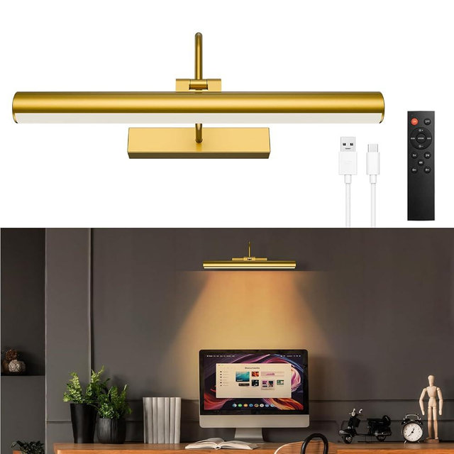 Cordless Picture Light for Wall, Battery Operated Art Light with 3CCT Dimmable, 5200mAh Battery Wall Sconce with Remote & Timer, 13in LED for Paintings, Gallery Artwrok, Picture Display - Golden