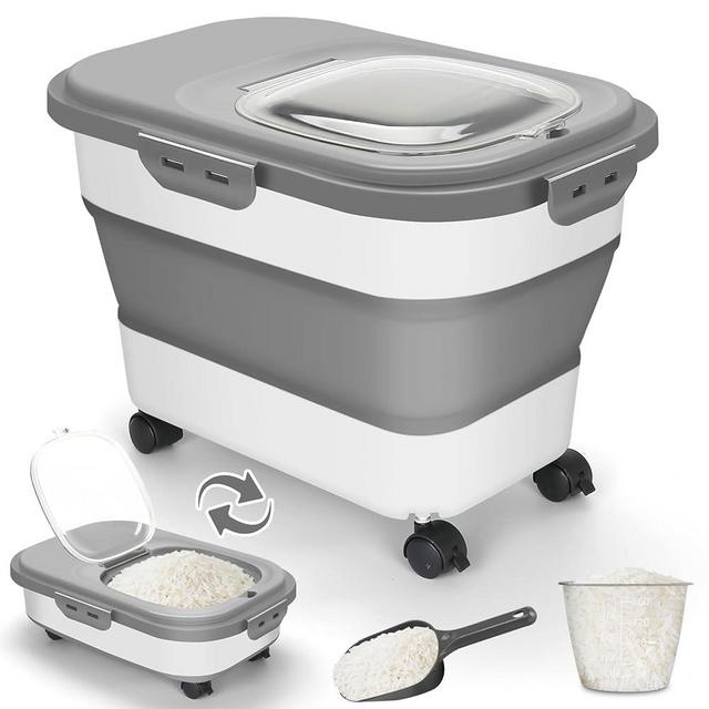 SSAWcasa Rice Storage Container, 20-30Lbs Airtight Large Food Storage Containers with Wheels, Scoop & Measuring Cup, Collapsible Kitchen Flour Bin, Dry Food Storage Holder for Rice Pet Food (Gray)