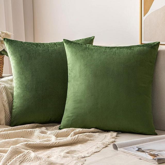 MIULEE Pack of 2 Moss Green Velvet Throw Pillow Covers 12x12 Inch Soft Solid Decorative Square Set Cushion Cases for Couch Sofa Bedroom