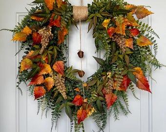 Fall Cascading Wreath with Fern, Birch Leaves, and Rustic Acorn Bells; Rustic Moody Autumn Foliage Wreath for Front Door Decor