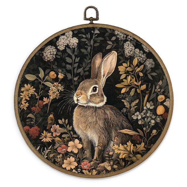 MAQIKA Farmhouse Eater Bunny Framed Wall Art Decor, Vintage Bunny Botanical Round Wall Hanging Decor, Easter Bathroom Decor, Cottagecore Rabbit Canvas Prints Wall Art for Bedroom Living Room, 10x10In