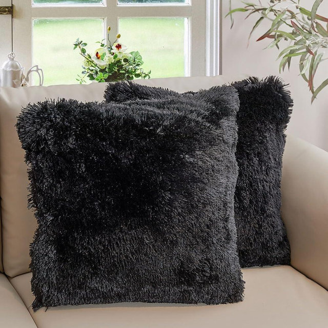Cheer Collection Throw Pillows for Couch and Bed, Soft Shaggy Throw Pillows with Inserts Included, Cozy Long Hair Faux Fur Pillows - Set of 2-20" x 20" - Black