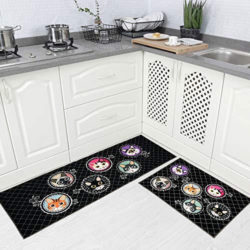 Carvapet 2 Piece Non-Slip Kitchen Rug TPR Anti-Slip Backing Mat for Doorway Bathroom Runner Rug Set, Cat Design (17"x48"+17"x24")