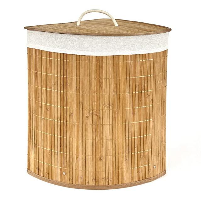 Welcome Industrial Bamboo Clothes Hamper - Clothing Basket with Carrying Handles - Corner