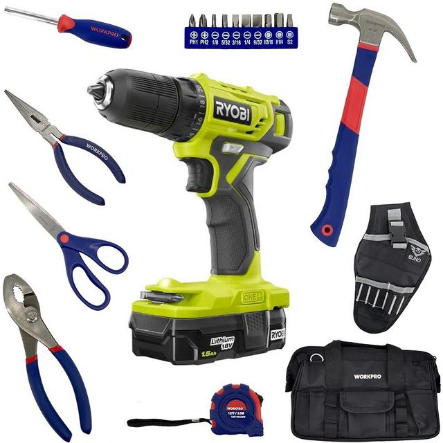 Household Tool Set Bundle with Ryobi Drill, 18-Volt Battery, Charger - Buho Drill Holster - Workpro Homeowners Tool Set with Hammer, Wrenches, Screwdrivers, Pliers, Tape Measure and Scissors
