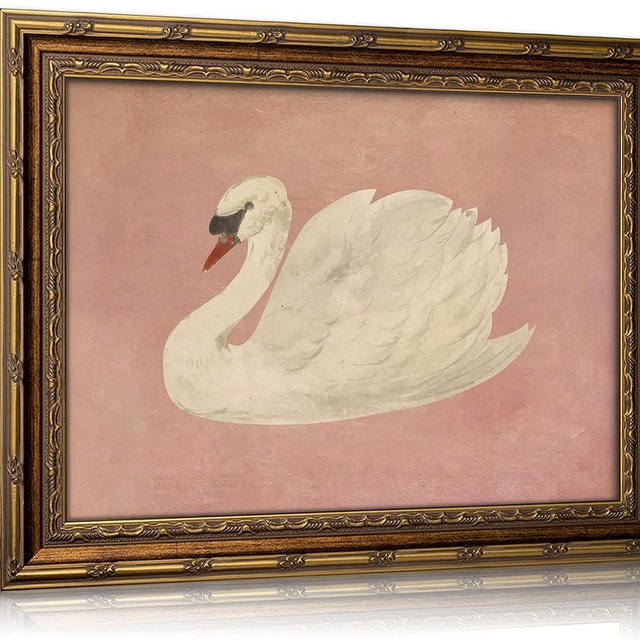 Vintage Gold Framed Wall Art Retro White Swan Cottagecore Canvas Print Neutral Moody Bird Painting Picture Rustic Farmhouse Pink Antique Swan Poster Artwork for Living Room Bedroom