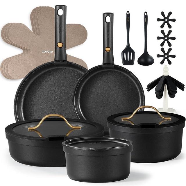 CAROTE 20pcs Pots and Pans Set Non Stick, Nonstick Cookware Set, Dishwasher/Oven/Fridge Safe Pots and Pans, Removable Handle RV Oven Safe Cookware, Induction Kitchen Set, Black
