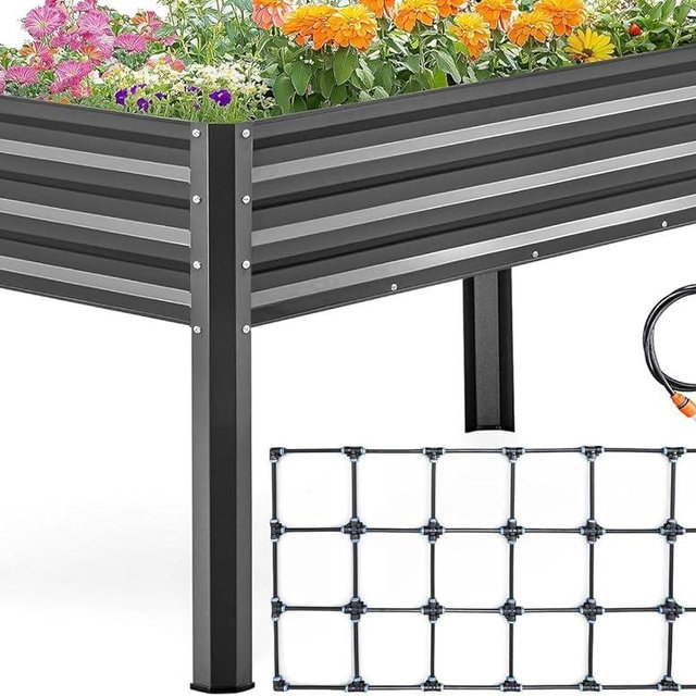 KING BIRD Raised Garden Bed with Irrigation System and Legs Galvanized Elevated Planter Box 48×24×30 in for Backyard, Patio, Balcony, 400lb Capacity, Dark Grey