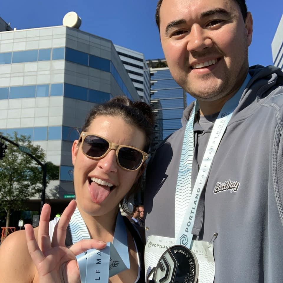 Post-half-marathon victory photo.