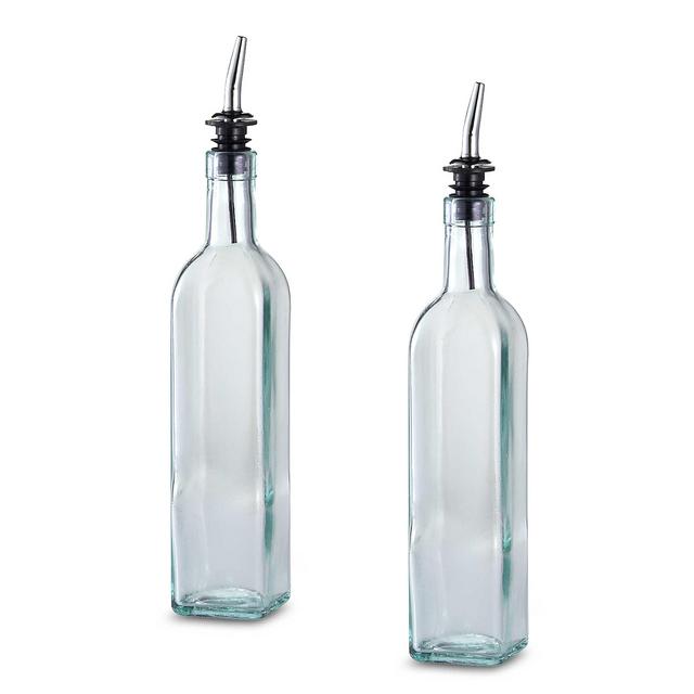 eHomeA2Z Italian Glass Oil And Vinegar Cruet 16 Oz, Olive Oil Dispenser With Stainless Steel Spout, Slight Green Tint (2, 16 oz)