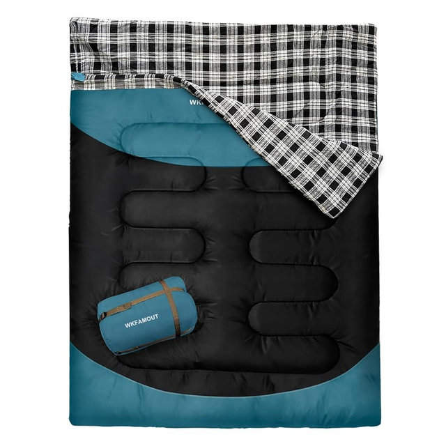 WKFAMOUT Double Sleeping Bag for Adults Machine Washable 2 Person Camping Sleeping Bag Queen Size Waterproof with Compression Sack for Cold Weather 3-4 Seasons
