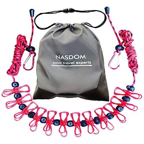 Nasdom Travel Clothesline,4m/13ft Portable Retractable Adjustable Clothes Line Rope with 1 Waterproof Bag, 12 Clothespins, 13 Anti-Skid Clips for Outdoor and Indoor (Red)