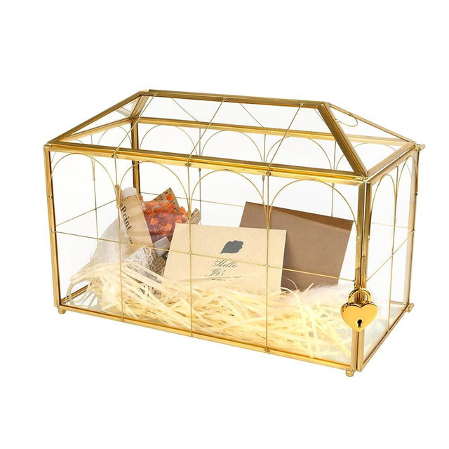 Atzciyr Wedding Glass Cards Box with Slot - 12.6 x 5.9 x 9 inch, Envelope Card for Birthday Party Reception Box, Home Tabletop Decor Clear Gold Terrarium with Lock Glass Terrarium