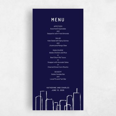 Navy, Blue Wedding Menu - Chicago Skyline