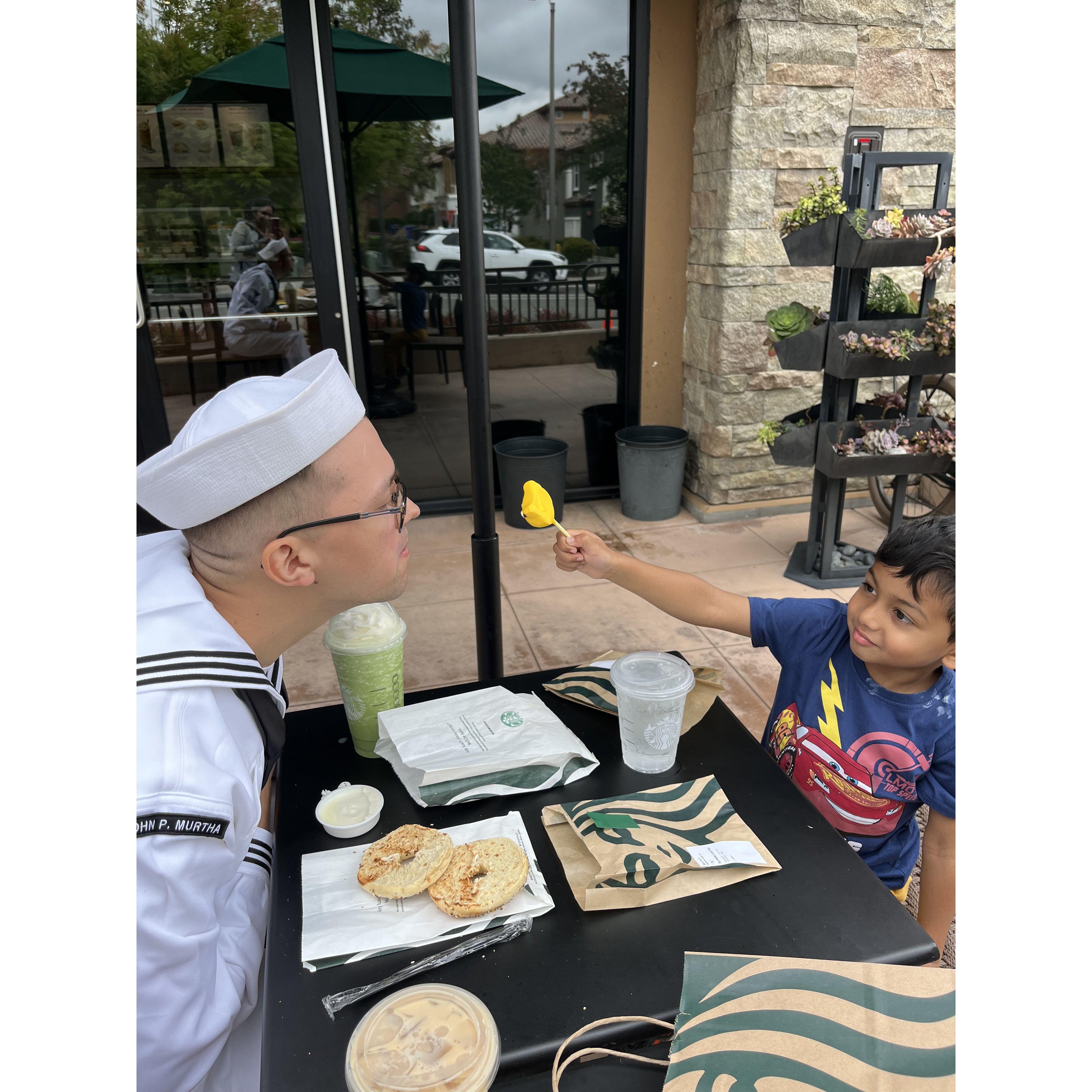 When Yuvi woke up super early to pick up Tyler from deployment — and insisted on Starbucks together!