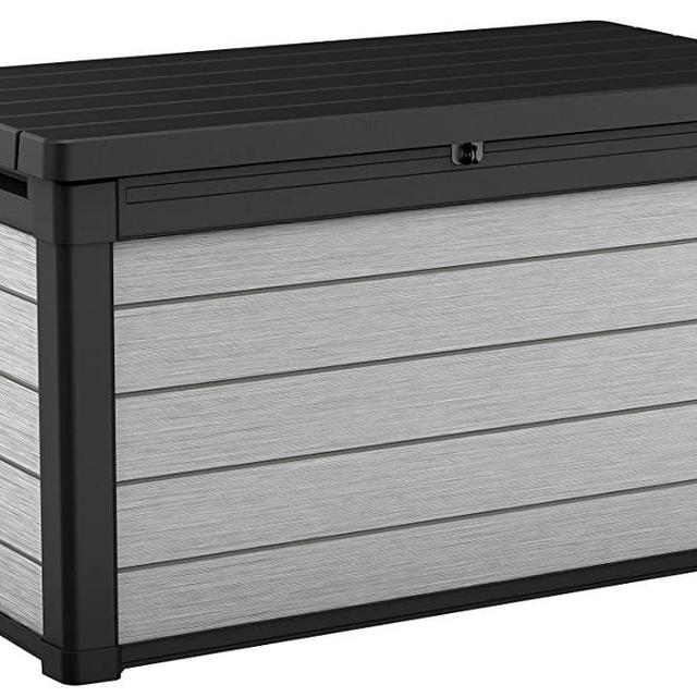 Keter Denali 100 Gallon Resin Large Deck Box for Patio Furniture Cushion Storage, Grey/Black