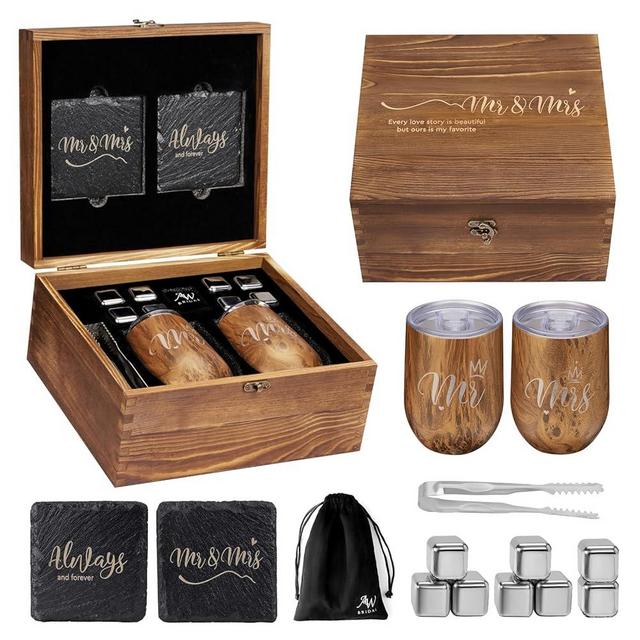 AW BRIDAL Mr and Mrs Gifts Romantic Wedding Gifts,Engagement Gifts,Valentine's Day Bridal Shower Gifts for Her - Wine Tumblers Wine Ice Cubes with Engraved Wooden Keepsake Box