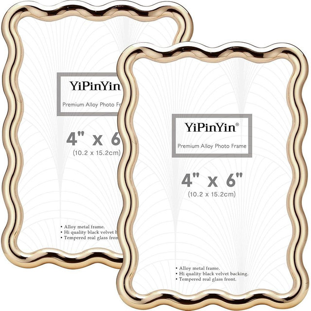 YiPinYin 4x6‘’ Gold Picture Frames Set of 2,High-End Heavy Duty Zinc Alloy Photo Frames with Wave Design,Velvet Backing, Dual Use for Desktop Display & Wall Hanging