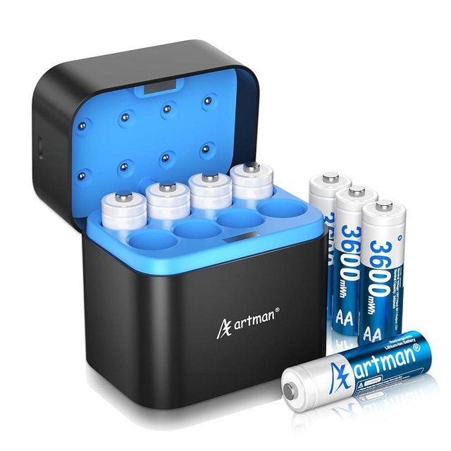 Artman Rechargeable Lithium AA Batteries 8-Pack 3600mWh with Fast Charger, AA Lithium Batteries for Blink Outdoor Camera, 1.5V Constant Output Double A Battery Recharge up to 2000+ Cycles