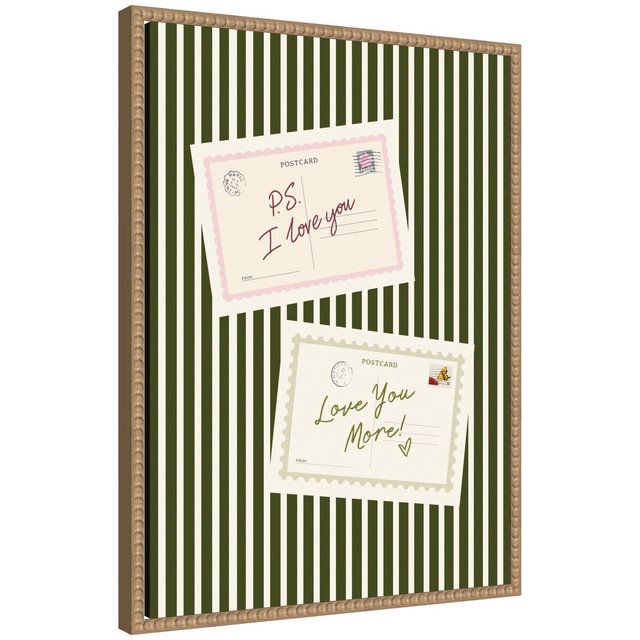 Kate and Laurel Vintage Postcard Print PS I Love You, Love You More, Striped Green Wall Art by Lucky Guava Framed Canvas Wall Art, 18x24