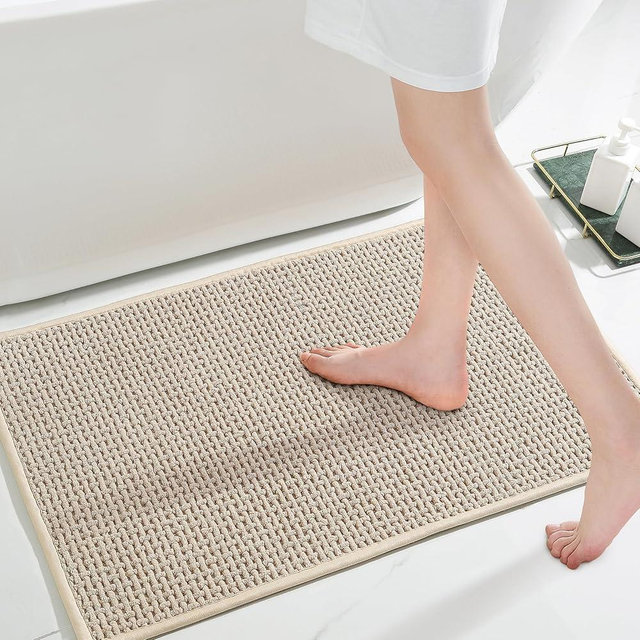Bathroom Rug Beige Bath Mat: 20x32 Chenille Non Slip Washable Absorbent Bathmat Small Soft Thin Quick Dry Shower Carpet for Bathroom Floor Tub and Restroom