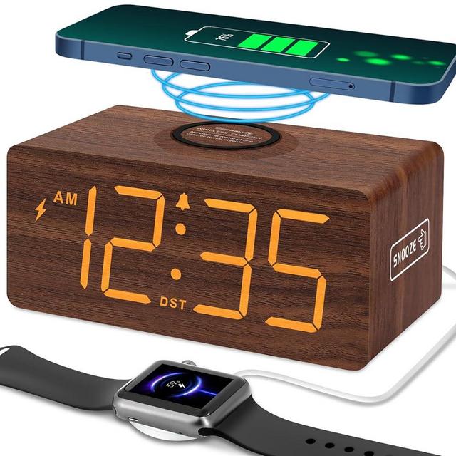 DreamSky Wooden Digital Alarm Clock with Wireless Charging for Bedroom, Bedside Nightstand Clock with Charger Station, USB Port, Large Numbers, Adjustable Volume, Brightness Dimmer, DST