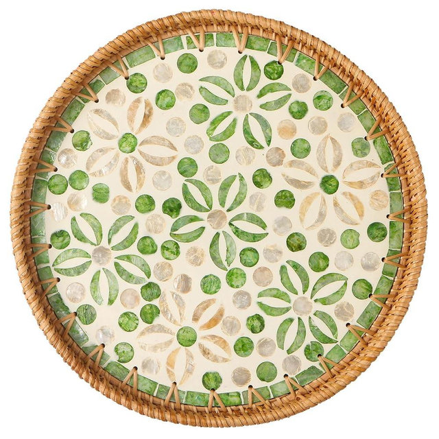 Aayoruro Round Rattan Tray with Mother of Pearl Inlay, Decorative Wicker Serving Tray with Wooden Base, Woven Basket Trays for Bread Fruits Coffee, Starfruit
