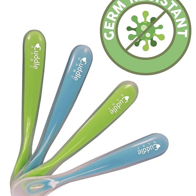 Cuddle Baby Gum-Friendly First Stage Soft Tip Silicone Feeding Spoons for Babies - Great Infant Gift Set (Pack of 4) Blue & Green - BPA, lead, phthalate and plastic free