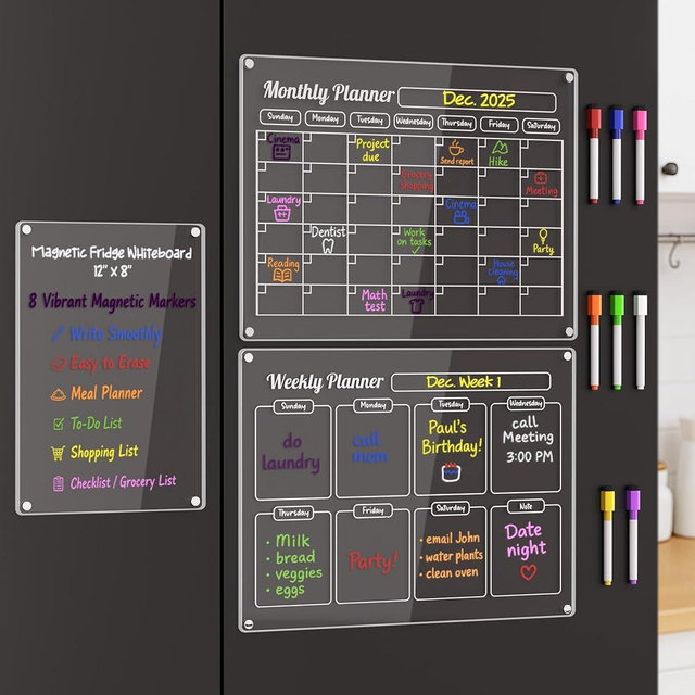 Grtard 3 Pack Acrylic Calendar for Fridge, Magnetic Calendar for Refrigerator, 16"x12" Dry Erase Whiteboard Fridge Calendar,2026 Clear Monthly Weekly Daily Memo Planning Board with 8 Markers