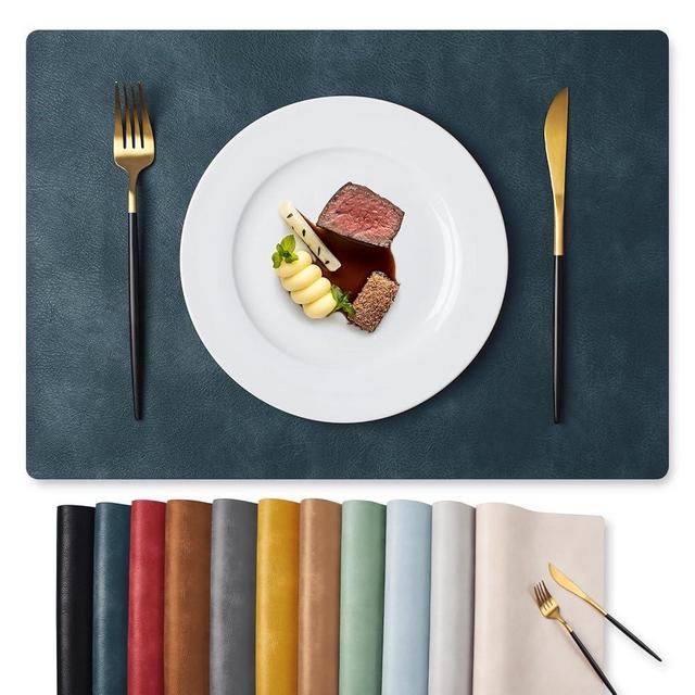 MOSAYT Vinyl Placemats Set of 6-12 X 17 Inch - Faux Leather 100% Waterproof Oil-Proof Wipeable PU Place Mats, Heat Resistant Reversible Table Mats for Kitchen, Dining, Outdoor (Navy Blue)