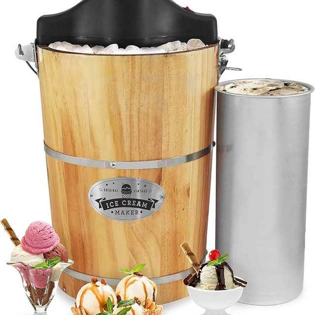 Elite Gourmet EIM916X Old Fashioned 6 Quart Vintage Wood Bucket Electric Ice Cream Maker Machine Appalachian, Bonus Classic Die-Cast Hand Crank for Churning, Uses Ice and Rock Salt
