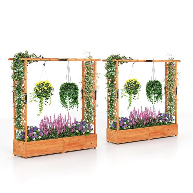 HAPPYGRILL Raised Garden Bed with Trellis, Freestanding Wood Planter Box w/Hanging Roof & Drainage Holes for Vine, Climbing Plants, Flowers, Outdoor Planter with Trellis for Garden, Patio, Yard (2)