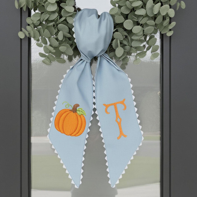 Monogram Wreath Sash, Preppy Fall Wreath Sash for Front Door, Polka Dot Pumpkin Door Bow, Halloween Wreath Tie, Embroidered Door Bow