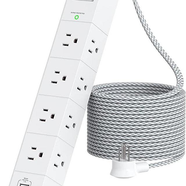10 ft Extension Cord, Power Strip Surge Protector - 8 Widely AC Outlets 3 USB, Flat Plug, Desktop Charging Station with Overload Protection, Wall Mount for Home, Office, Travel, Computer ETL Listed