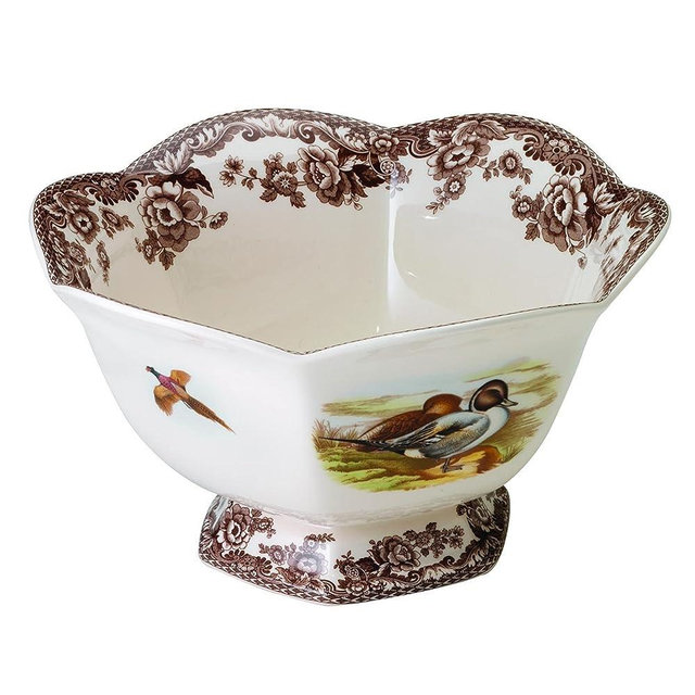 Spode Woodland Hexagonal Footed Bowl with Lapwing and Pintail Motifs | 8.5" Decorative Fruit Bowl for Kitchen Counter | Decor Bowl Made from Fine Earthenware