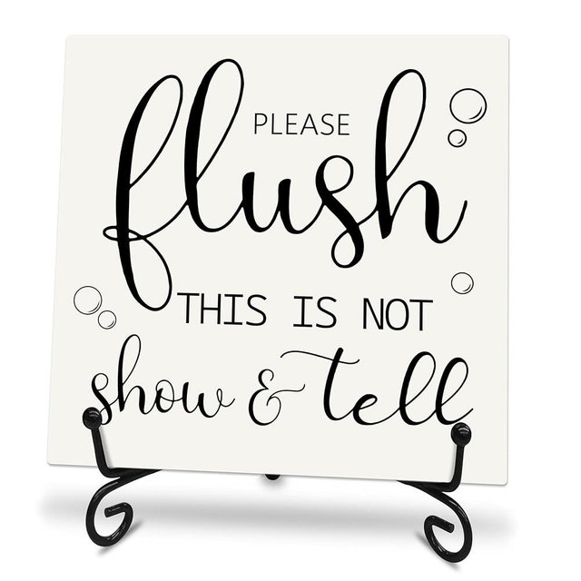 5"X5" Wooden Sign With Metal Stand - Please Flush This Is Not Show & Tell - Pine Wood Plaque, Home & Bathroom Desk Decor, Toilet Ornament, Shelf Supplies, Decorative Housewarming Gift - C10