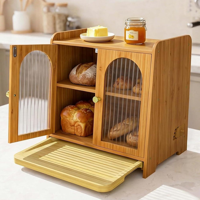 Emojoy Bread Box for Kitchen Countertop, Large Double Layer Wooden Bread Storage Container with Acrylic Window, Adjustable Air Vents & Built-In Cutting Board, Pantry Organizer