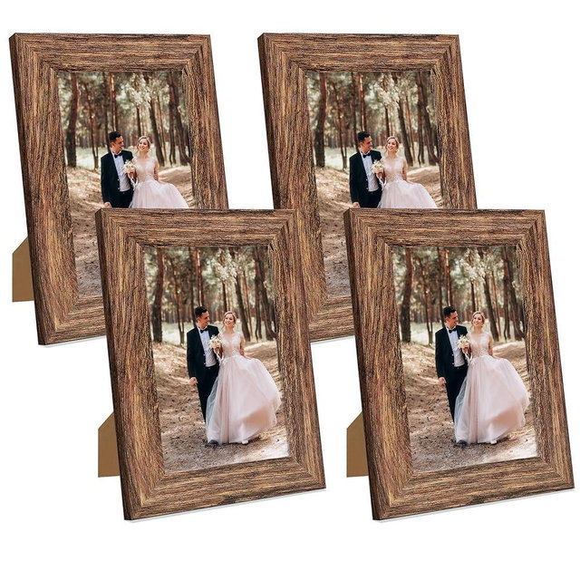 iRahmen 5x7 Picture Frame Set of 4, High Definition Glass Brown Frame, 5 x 7 Wood Rustic Picture Frames for Horizontal or Vertical Table Top and Wall Mounting