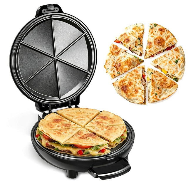 Electric Quesadilla Maker, 9.5'' Quesadilla Press with Extra Stuffing Latch, Easy Slice 6 Wedge, Grilled Cheese Corn Flour Tortilla Snacks, Nonstick Plates, Easy to Clean, Non-Slip Feet, Black