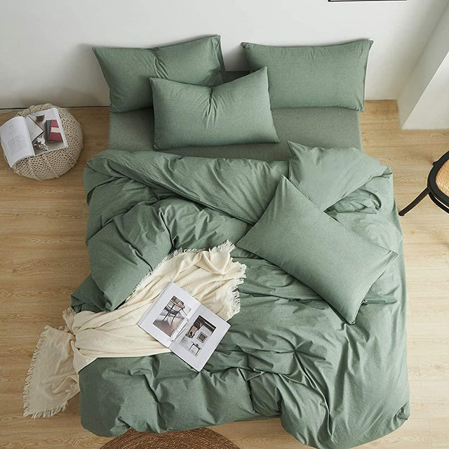 JIYUAN 100% Washed Cotton Duvet Cover Comfy Simple Style Solid Color Soft Breathable Textured Durable Linen Feel Bedding Sets for All Seasons Queen Size, Green