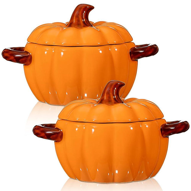 Uiifan 2 Pcs Ceramic Pumpkin Dish Casserole Cookware 17 oz Pumpkin Pots for Cooking Orange Cute Pumpkin Bowl Safe Pumpkin Oven Pot with Lid Double Ear Baking Bowl for Bakeware Halloween Thanksgiving