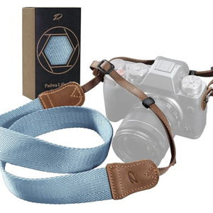 Padwa Lifestyle Light Blue Camera Strap - Double Layer top-grain Cowhide Ends,1.5"Wide Pure Cotton Woven Camera Straps,Adjustable Neck Shoulder Strap for All DSLR Cameras,Great Gift for Photographers